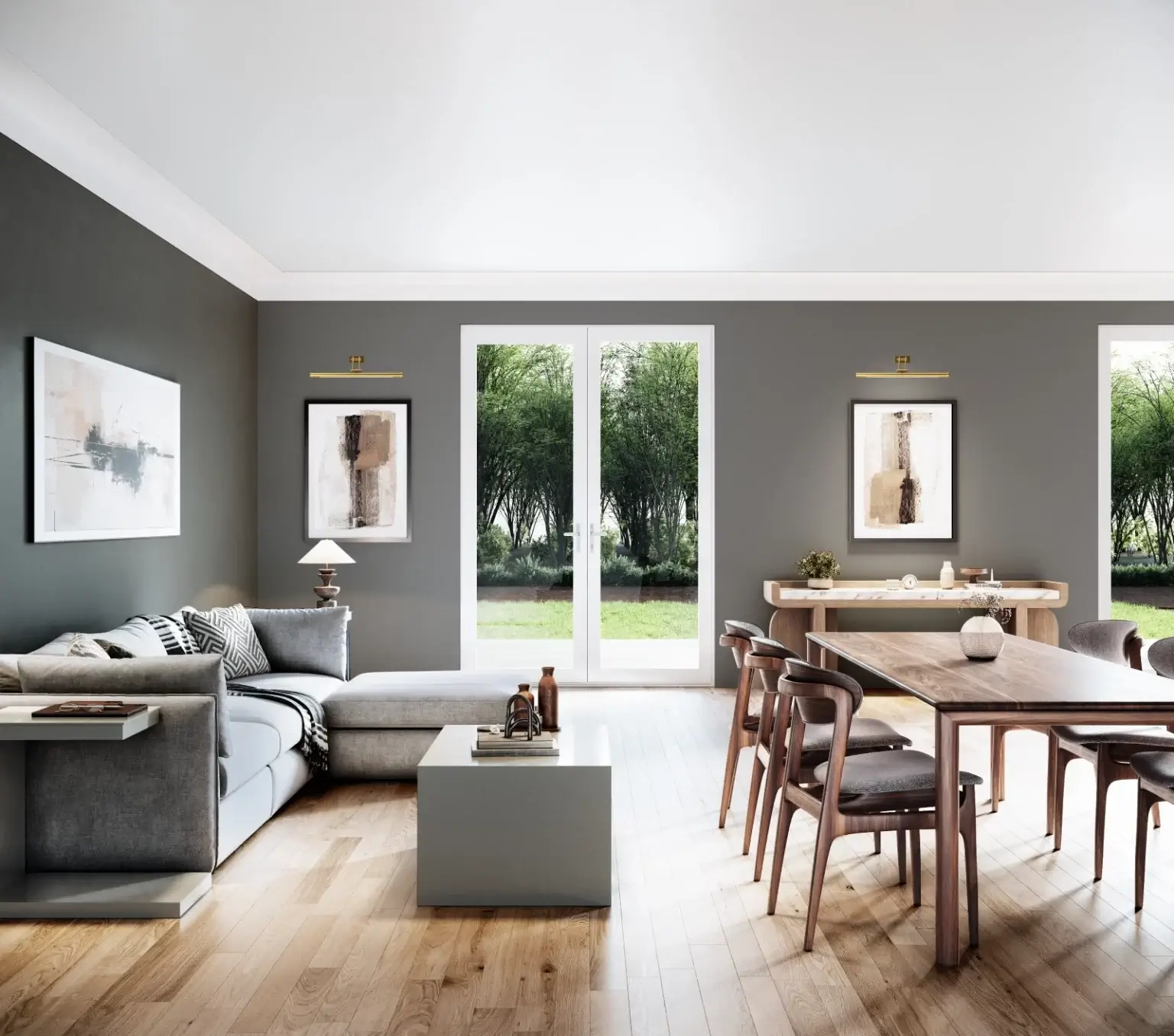 Black aluminium French glass doors leading to an outdoor backyard terrace