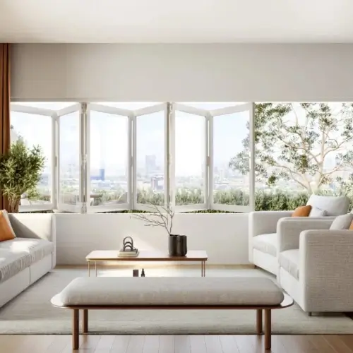 White aluminium casement window overlooking scenic landscape views