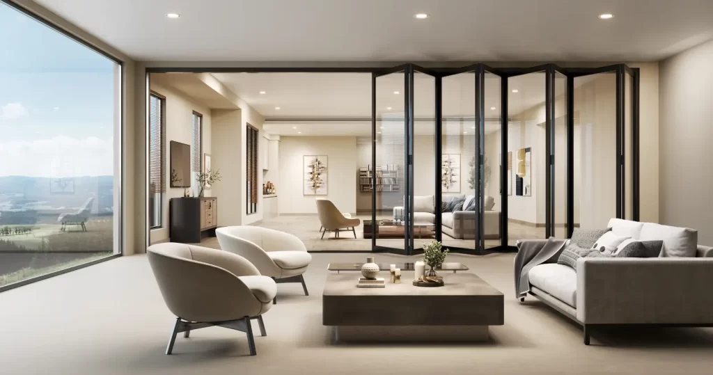 Modern bi-fold glass doors in a contemporary living room